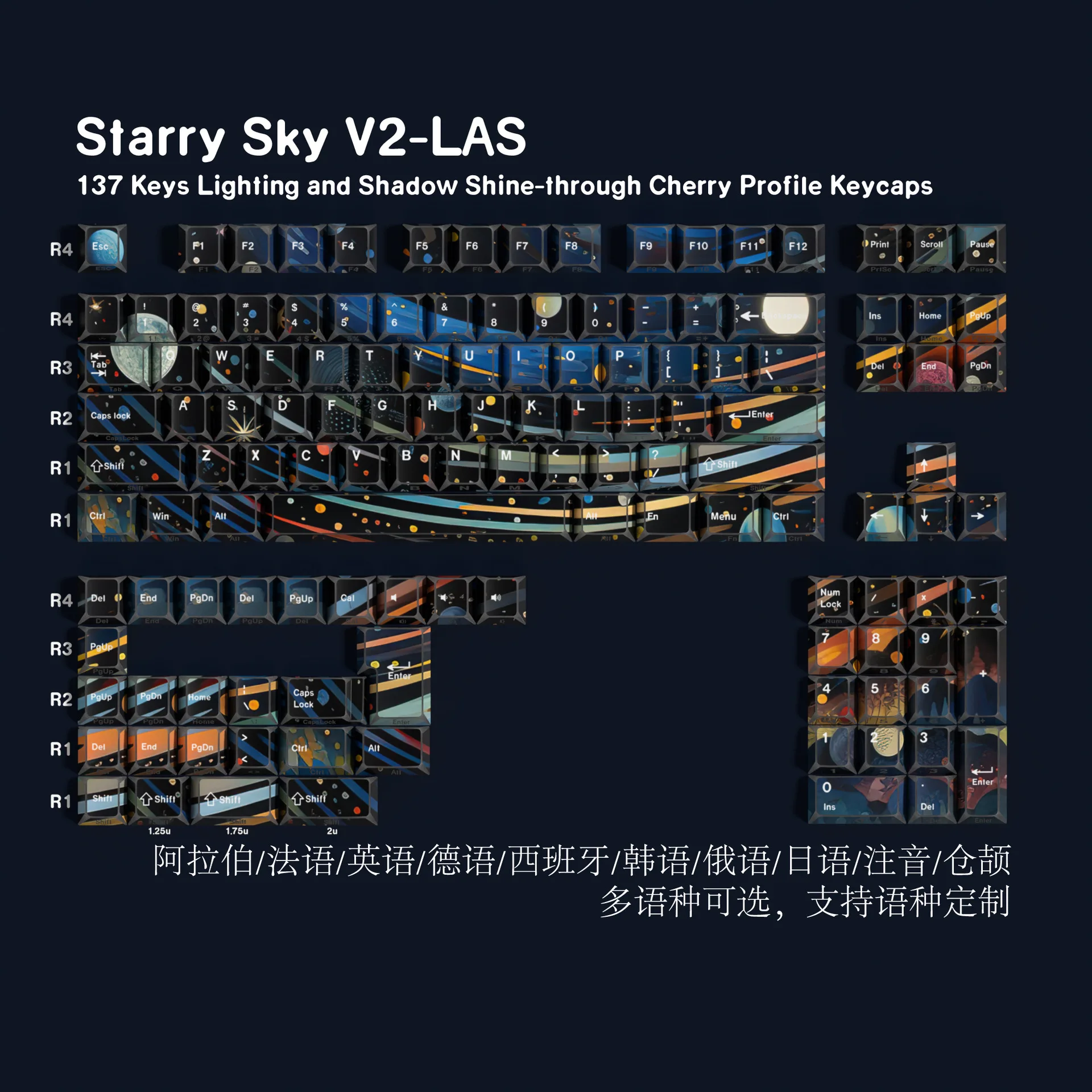 Starry sky folding edges and corners double engraving light transmission Pbt keycaps Korean Russian phonetic European small lang
Starry sky folding edges and corners double engraving light transmission Pbt keycaps Korean Russian phonetic European small lang