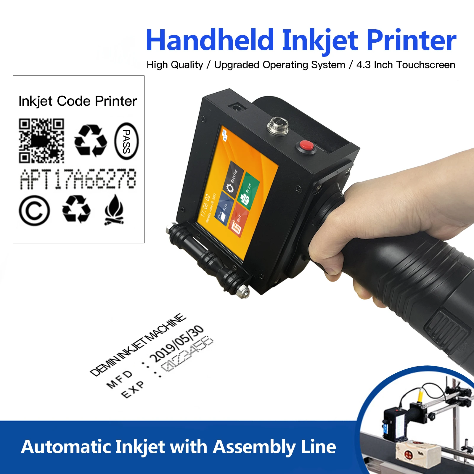 Handheld Printer Portable Inkjet Printer High Definition Inkjet Code Printer with 4.3 Inch LED Touchscreen