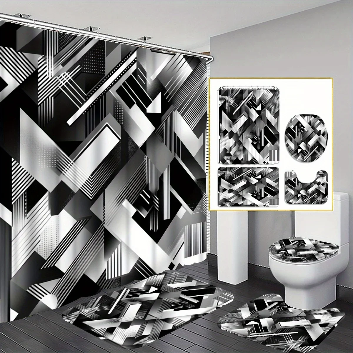 4 pcs Modern Black and White Geometric" shower curtain set, bathroom accessories include bath mat, U-shaped mat, toilet seat
4 pcs Modern Black and White Geometric" shower curtain set, bathroom accessories include bath mat, U-shaped mat, toilet seat