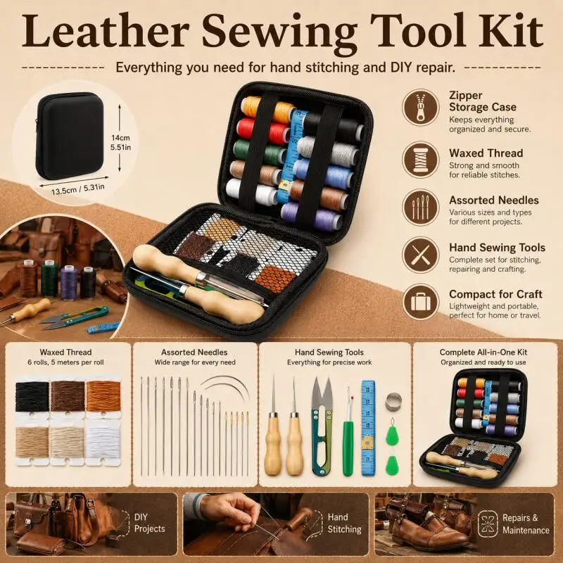 Leather Sewing Tools Kit With Waxed Thread And Needles Awl Professional DIY Leather Handmade Craft Accessories Tools
Leather Sewing Tools Kit With Waxed Thread And Needles Awl Professional DIY Leather Handmade Craft Accessories Tools