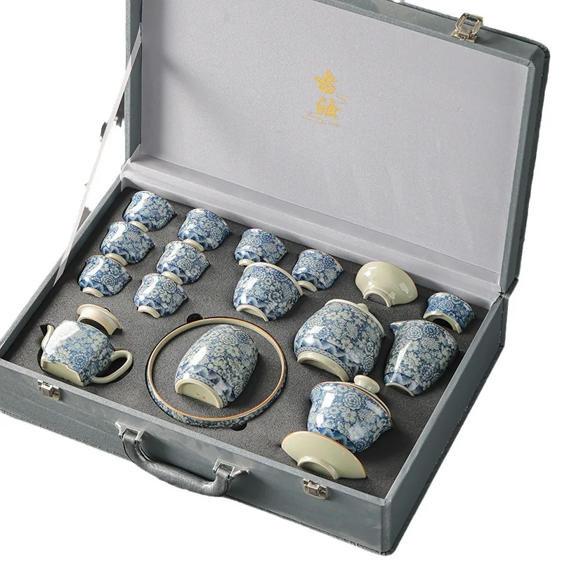 Old pottery mud blue and white kung fu tea set, household living room ceramic brewing teapot teacup, high-end gift box
Old pottery mud blue and white kung fu tea set, household living room ceramic brewing teapot teacup, high-end gift box