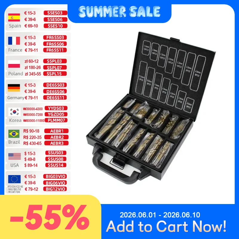 ALLSOME 99pcs 1.5mm - 10mm Titanium Coated Drill Bit Set High Speed Steel Manual Twist Drill Bits HT2386
ALLSOME 99pcs 1.5mm - 10mm Titanium Coated Drill Bit Set High Speed Steel Manual Twist Drill Bits HT2386