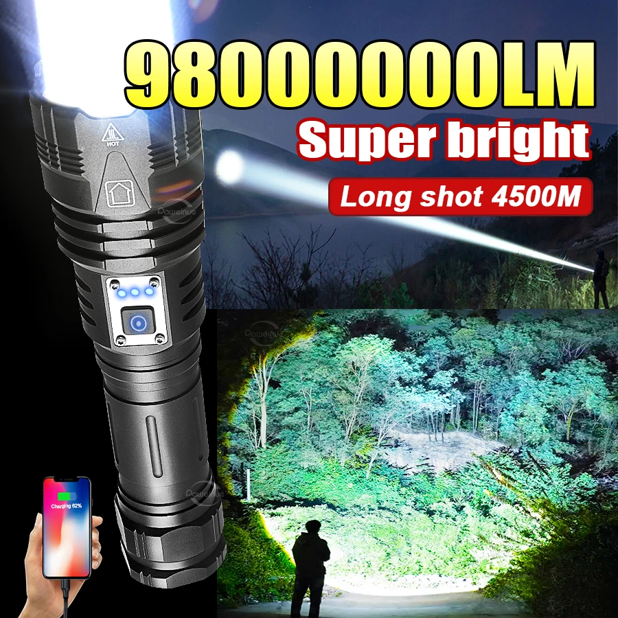 98000000LM Мощный светодиодный фонарь с аккумулятором, Дальнобойный тактический фонарь для охоты и кемпинга
98000000LM Мощный светодиодный фонарь с аккумулятором, Дальнобойный тактический фонарь для охоты и кемпинга