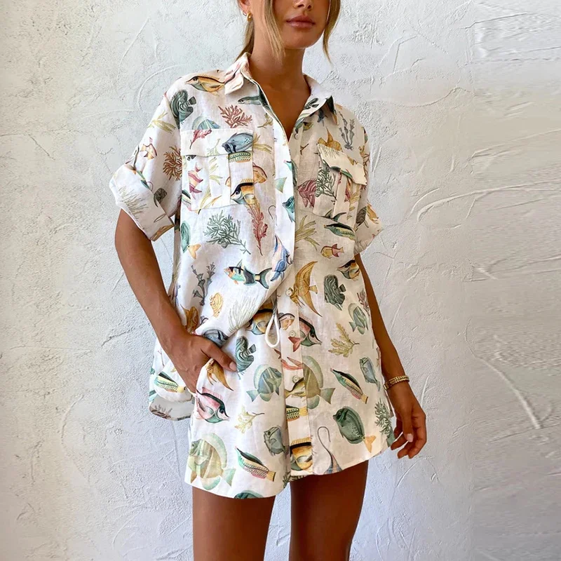 New Summer Casual Short Sleeve Print Button Turndown Collar Shirt Blouses High Waist Shorts Suit Women Elegant 2 Piece Set 2024
New Summer Casual Short Sleeve Print Button Turndown Collar Shirt Blouses High Waist Shorts Suit Women Elegant 2 Piece Set 2024