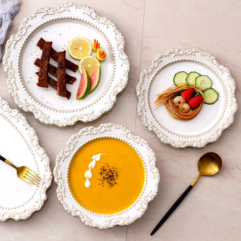 French Baroque Retro Relief Court Style Ceramic Dinner Plate European Tableware Western Food Plate Soup Plate Bowl Set
French Baroque Retro Relief Court Style Ceramic Dinner Plate European Tableware Western Food Plate Soup Plate Bowl Set