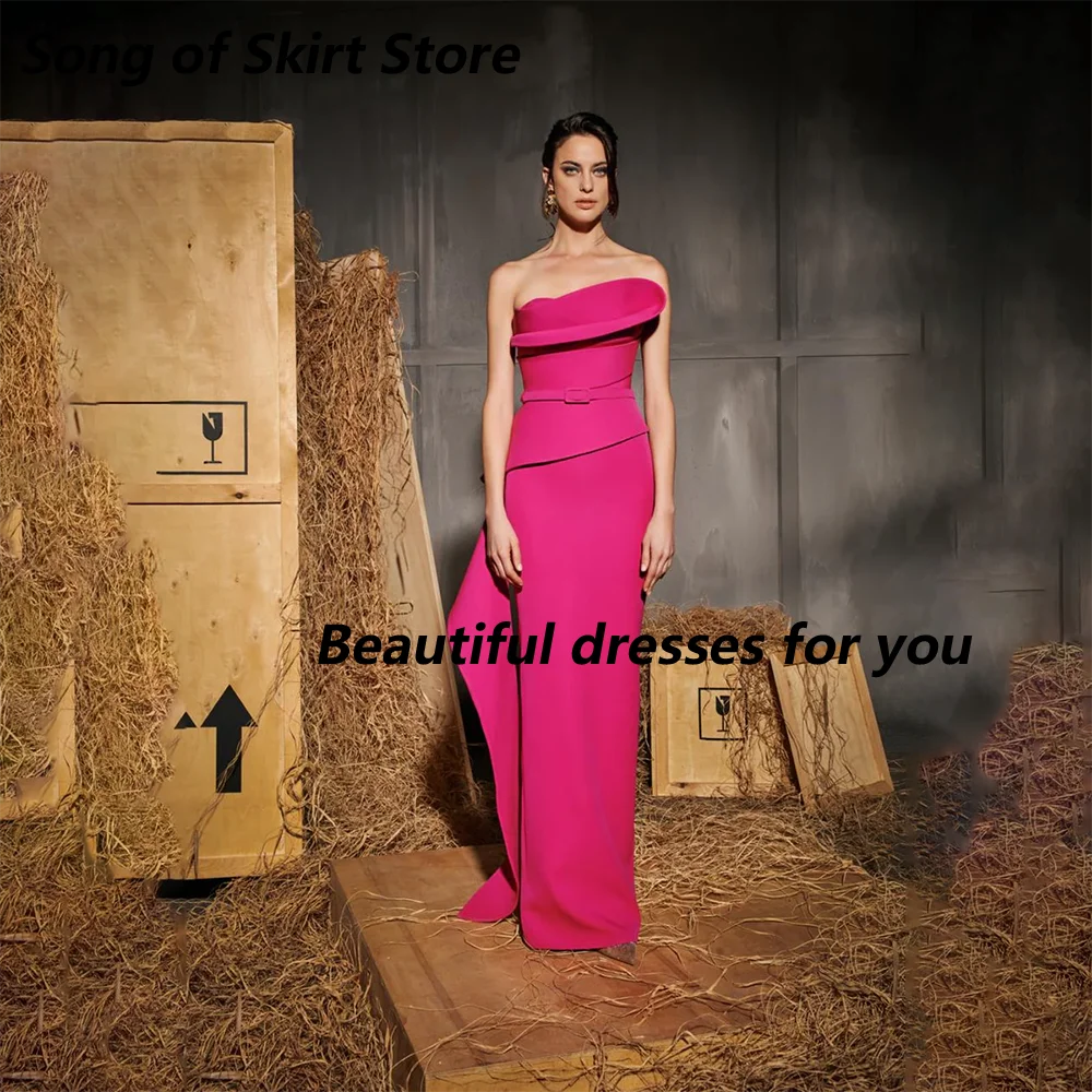 Fuchsia Prom Dress Customized Strapless Long Belt Pleat Jersey Floor Length Evening Gown Backless Straight Cocktail Party Dress
Fuchsia Prom Dress Customized Strapless Long Belt Pleat Jersey Floor Length Evening Gown Backless Straight Cocktail Party Dress