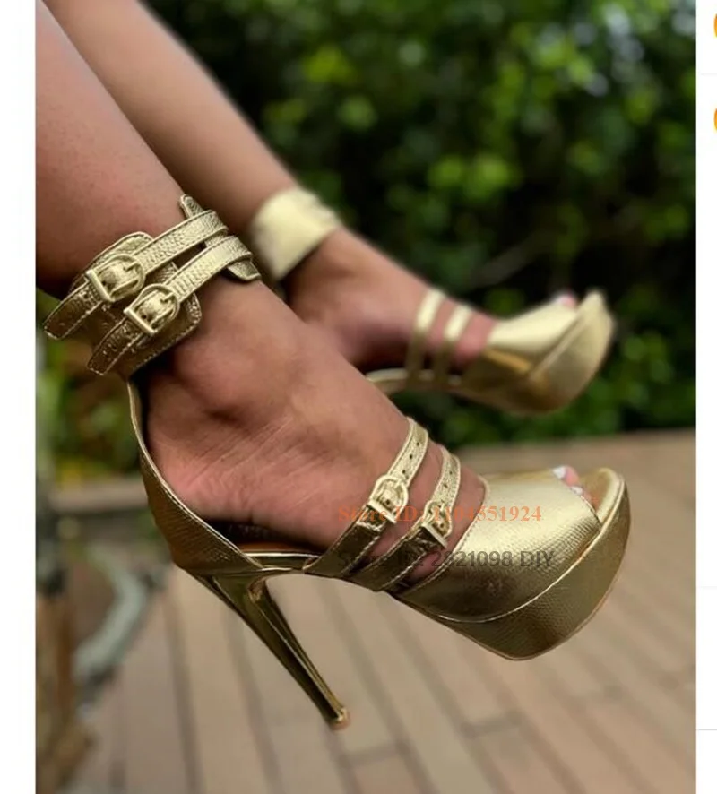 Open Peep Toe Gold Color Printed Leather Platform Stiletto Concise Double Belt Ankle Wrap Thin High Heeled Shoes Women Sandals
Open Peep Toe Gold Color Printed Leather Platform Stiletto Concise Double Belt Ankle Wrap Thin High Heeled Shoes Women Sandals