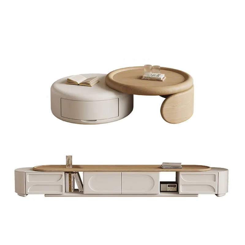 Wabi-sabi cream style, solid wood round coffee table, log color telescopic TV cabinet 
Wabi-sabi cream style, solid wood round coffee table, log color telescopic TV cabinet