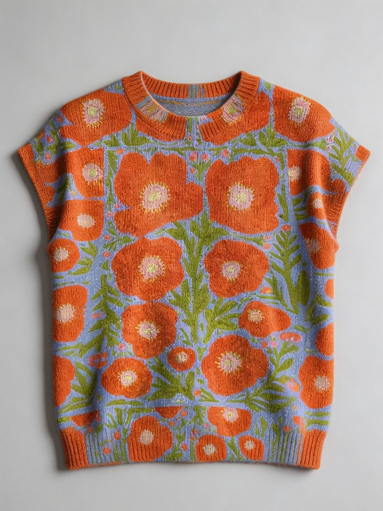 Women's Retro Poppy Flower Jacquard Knit Top, Casual Loose Short Sleeve Round Neck Knitted Blouse, Boho Floral Print Pullover Sweater Vest for Spring Summer Fall 9 Sfc0f79e548684d48a71a3e17178e77309