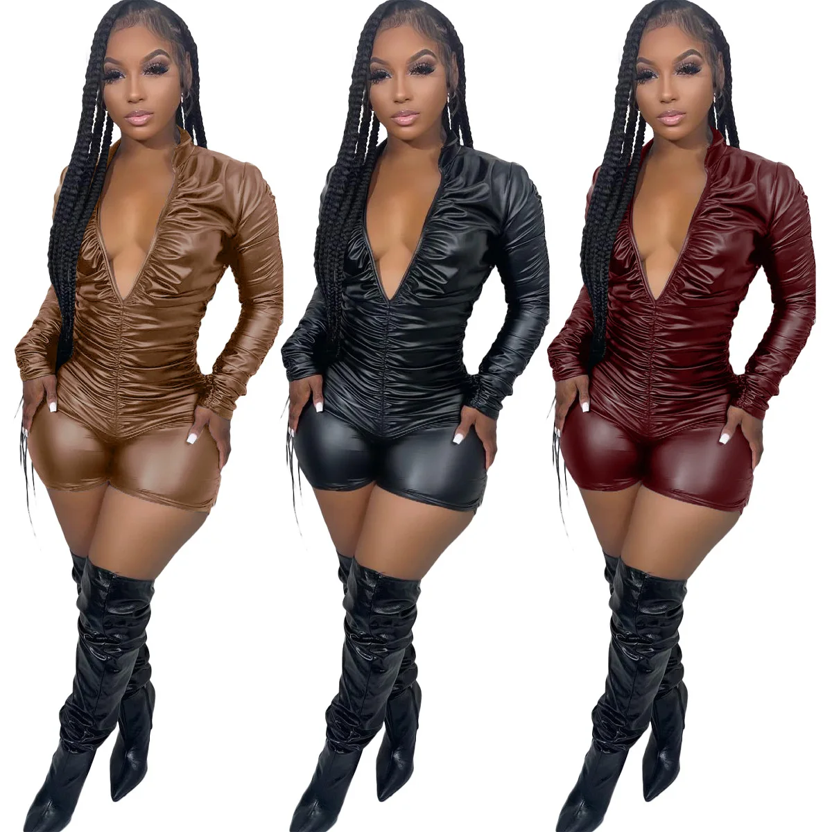 Sexy Black PU Folds Stretch Rompers Women Long Sleeve Playsuit Skinny Birthday Clubwear Short Jumpsuit
Sexy Black PU Folds Stretch Rompers Women Long Sleeve Playsuit Skinny Birthday Clubwear Short Jumpsuit