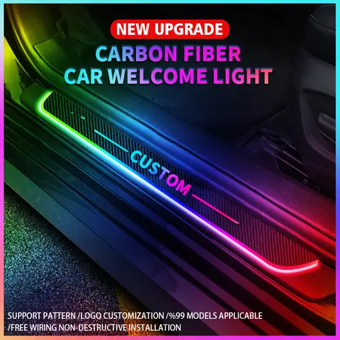 Customized Carbon fiber Car Logo Door Illuminated Sill Light Projector Lamp Power Moving LED Welcome Car Scuff Plate Pedal Light