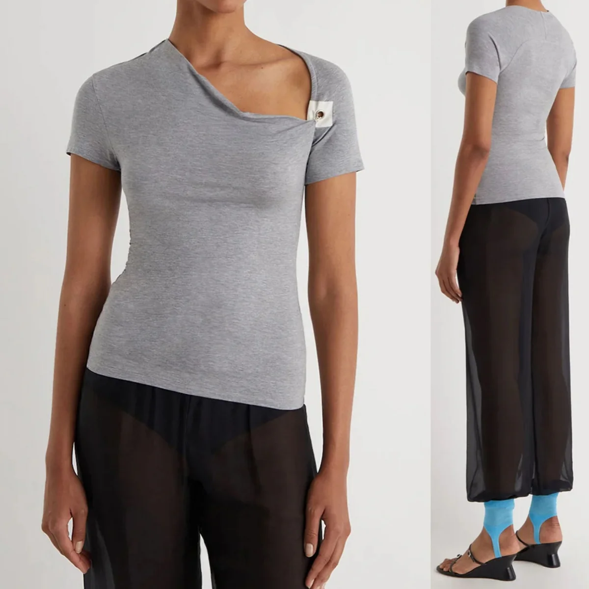Pw Asymmetrical Cowl Neck Metal Buckle Slim Fit Gray Short Sleeve T-Shirt with Unique Design, Heather Gray Modal Cowl Neck Short Sleeve Top, Tailored Slim Fit Top, Waist-Cinching Tight Gray Base Shirt
Pw Asymmetrical Cowl Neck Metal Buckle Slim Fit Gray Short Sleeve T-Shirt with Unique Design, Heather Gray Modal Cowl Neck Short Sleeve Top, Tailored Slim Fit Top, Waist-Cinching Tight Gray Base Shirt