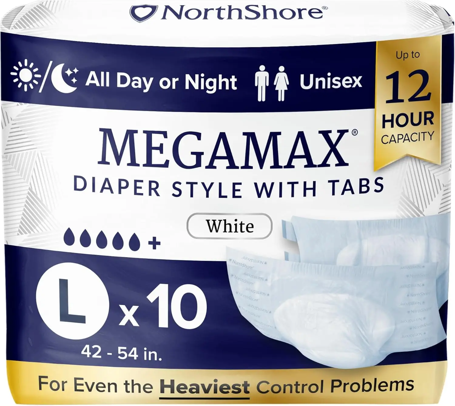 Heavy Bladder Leak Diapers, Large, 10 Count, 42-54 in, Tab-Style, 12-Hour Protection
Heavy Bladder Leak Diapers, Large, 10 Count, 42-54 in, Tab-Style, 12-Hour Protection