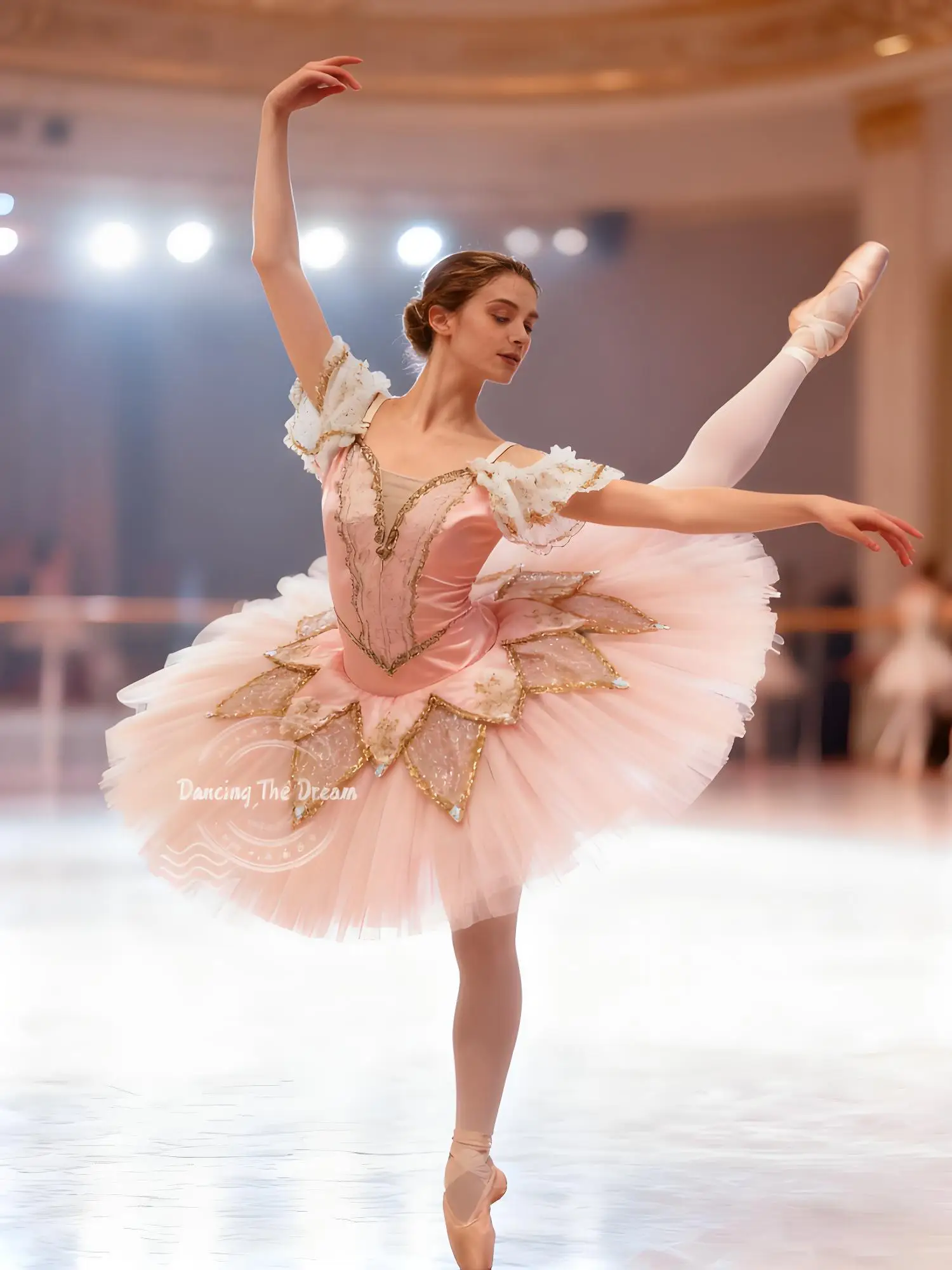 Ethereal Pink Ballet Tutu with Gilded Floral Motifs Pink Ballet Tutu with Ruffled Sleeves & Gold Trims
Ethereal Pink Ballet Tutu with Gilded Floral Motifs Pink Ballet Tutu with Ruffled Sleeves & Gold Trims