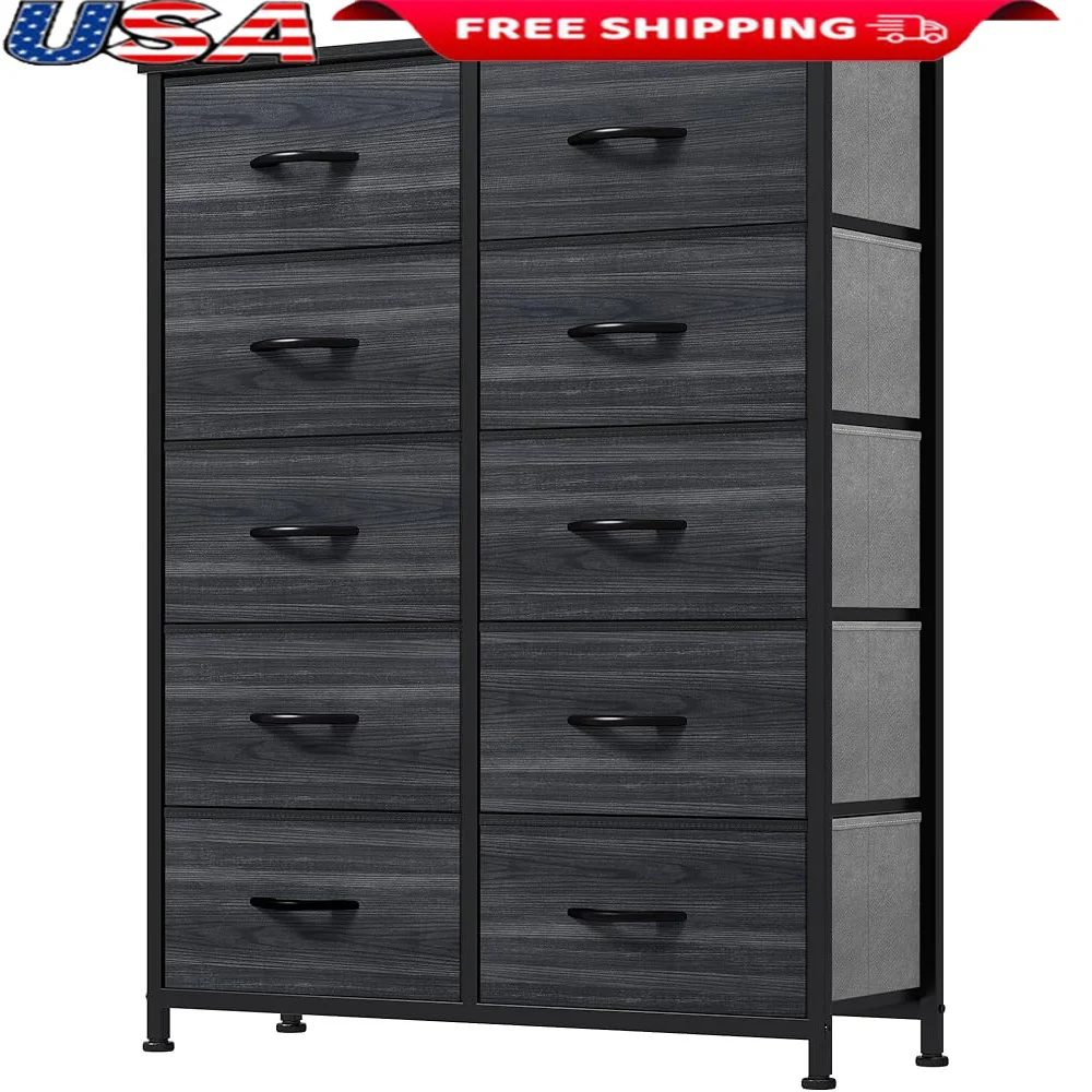 Комод с 10-мя ящиками, тканевый органайзер для хранения, башня с прочной стальной рамой, деревянная верхняя часть, шкафы для гостиной, прихожей