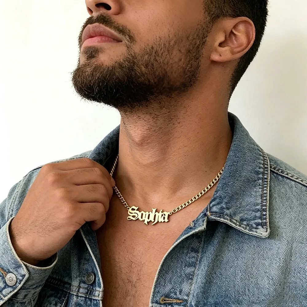 Men Personalized Gothic Script Name Tag Necklace Gold Stainless Steel Custom Word Curb Chain Streetwear Male Accessory
Men Personalized Gothic Script Name Tag Necklace Gold Stainless Steel Custom Word Curb Chain Streetwear Male Accessory