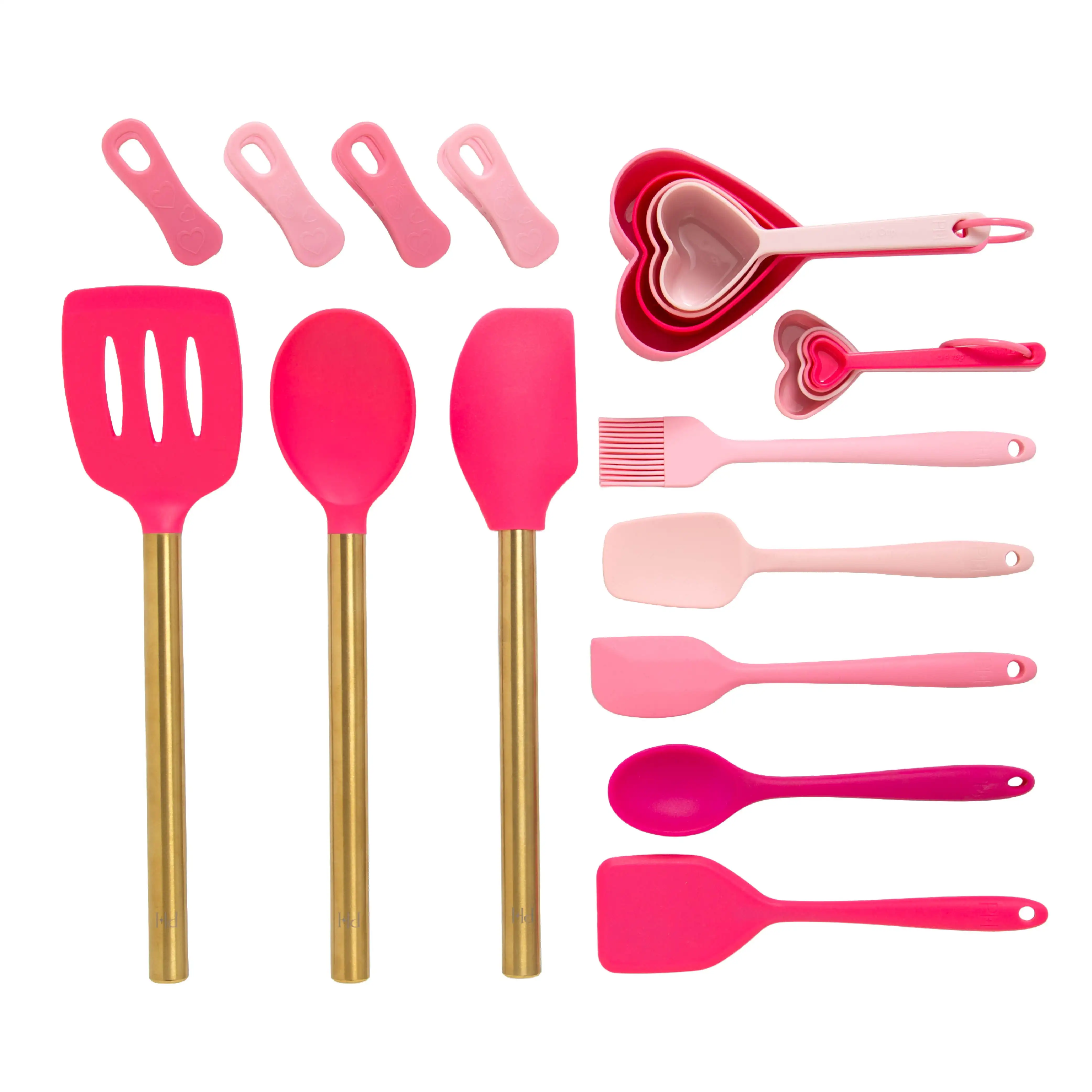 20-piece gadget set with heart-shaped measuring cups silicone tools and bag clips in pink
20-piece gadget set with heart-shaped measuring cups silicone tools and bag clips in pink