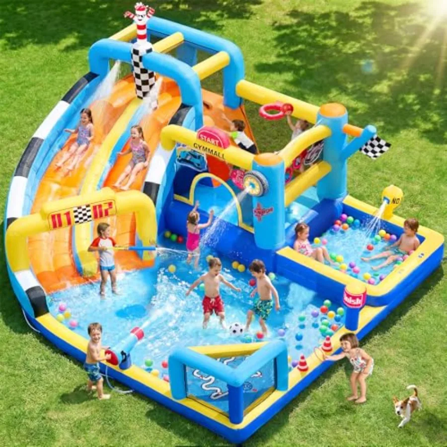 Outdoor racing-themed double water slide with 750 W blower 12-in-1 bouncy castle featuring soccer area and splash pool blue PVC
Outdoor racing-themed double water slide with 750 W blower 12-in-1 bouncy castle featuring soccer area and splash pool blue PVC