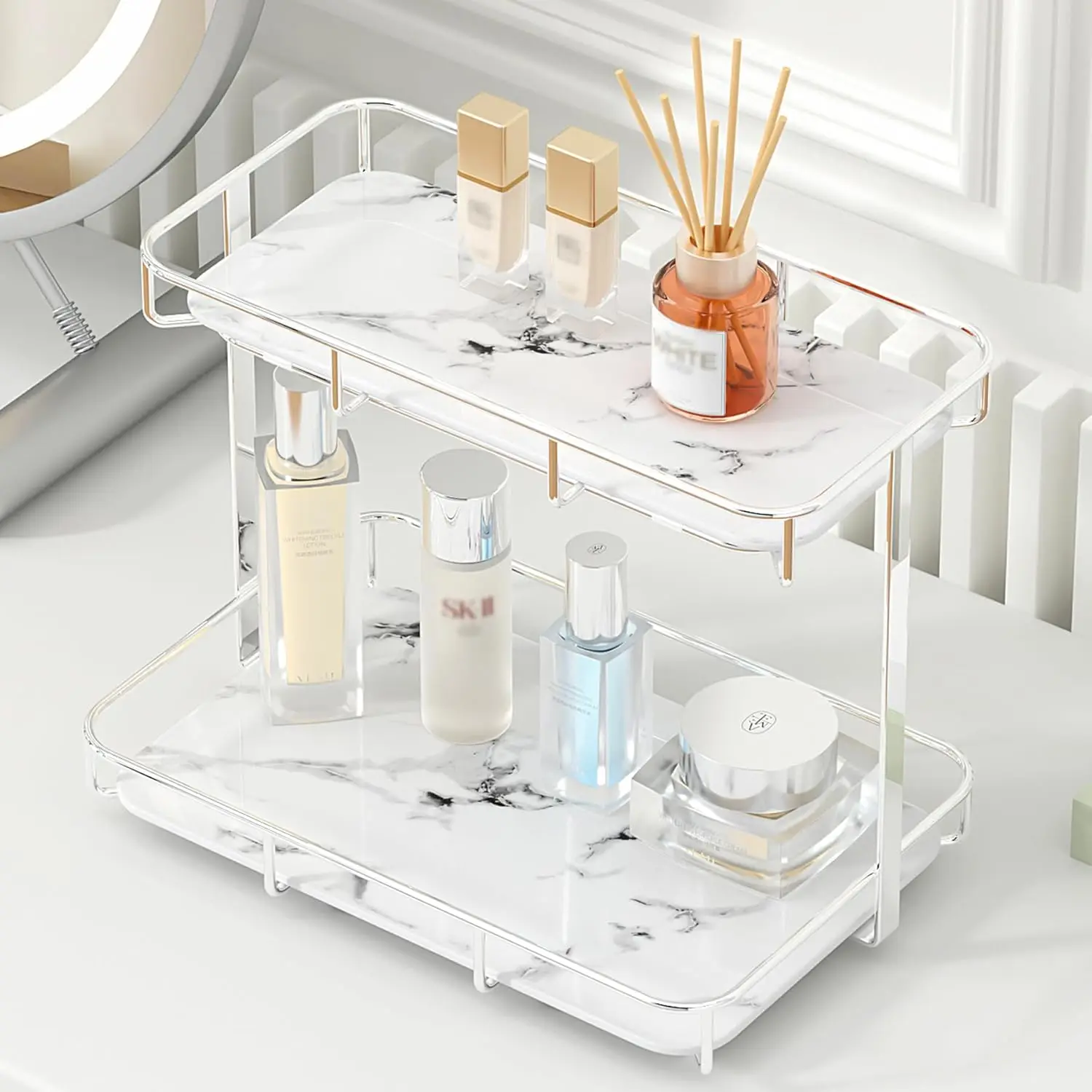 Countertop Organizer with Gold Stainless Steel Frame and White Marble Trays for Perfume and Cosmetics Storage
Countertop Organizer with Gold Stainless Steel Frame and White Marble Trays for Perfume and Cosmetics Storage