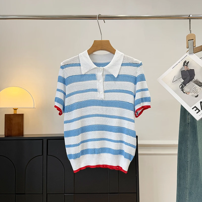 Модный женский вязаный свитер с коротким рукавом и полосками на горловине, повседневный стиль, летняя новинка, топ с круглым вырезом и цветовыми блоками
Модный женский вязаный свитер с коротким рукавом и полосками на горловине, повседневный стиль, летняя новинка, топ с круглым вырезом и цветовыми блоками