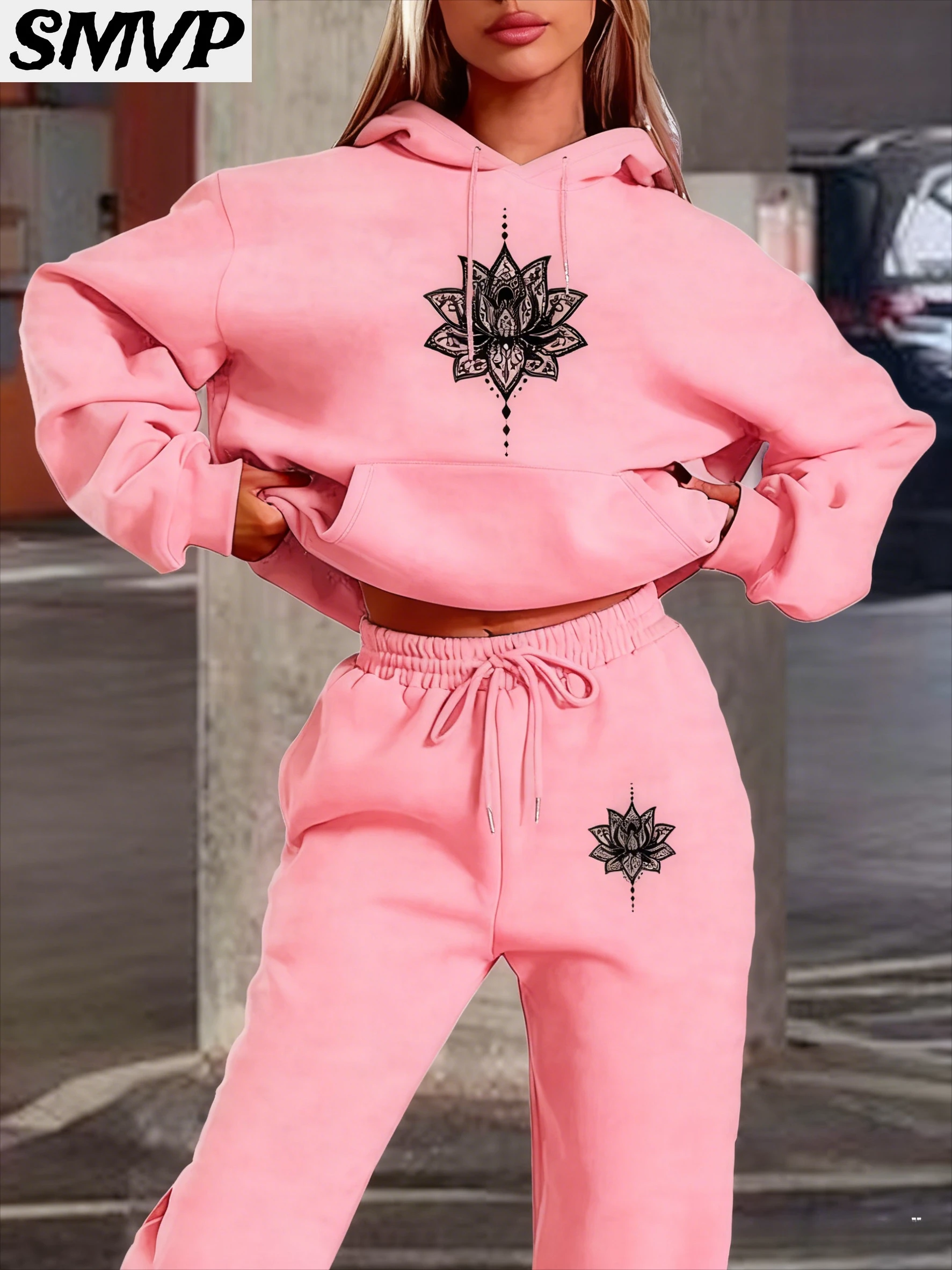 SMVP Women Girls Cotton Hoodie Set Pink Black Lotus Flower Pattern Print Two Piece Outfit Casual Loungewear Streetwear Fashion
SMVP Women Girls Cotton Hoodie Set Pink Black Lotus Flower Pattern Print Two Piece Outfit Casual Loungewear Streetwear Fashion