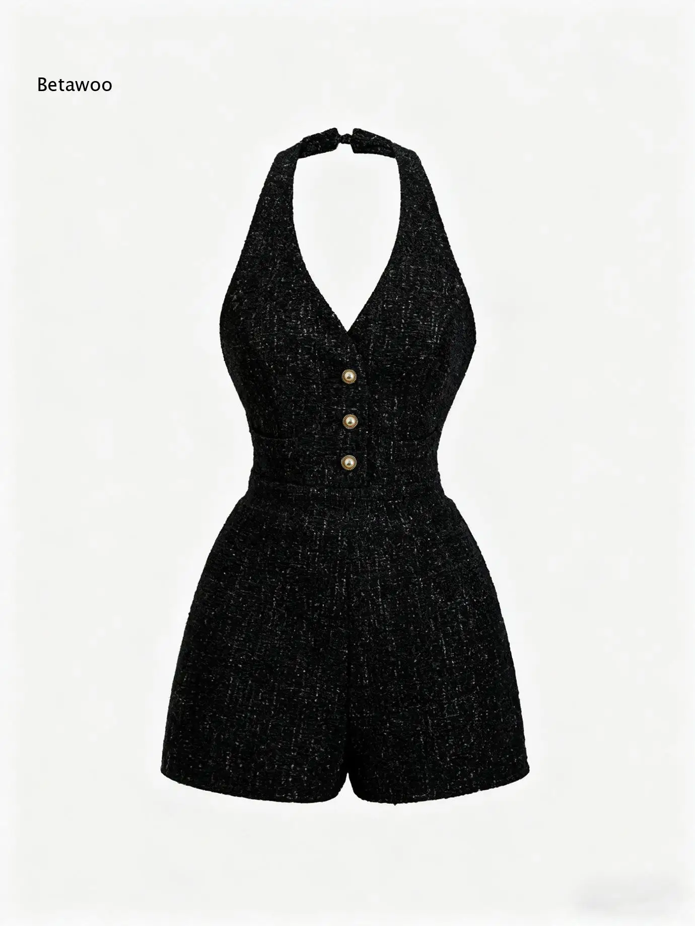 Front Button Detail Deep V Halter Neck Tweed Short Jumpsuit
Front Button Detail Deep V Halter Neck Tweed Short Jumpsuit