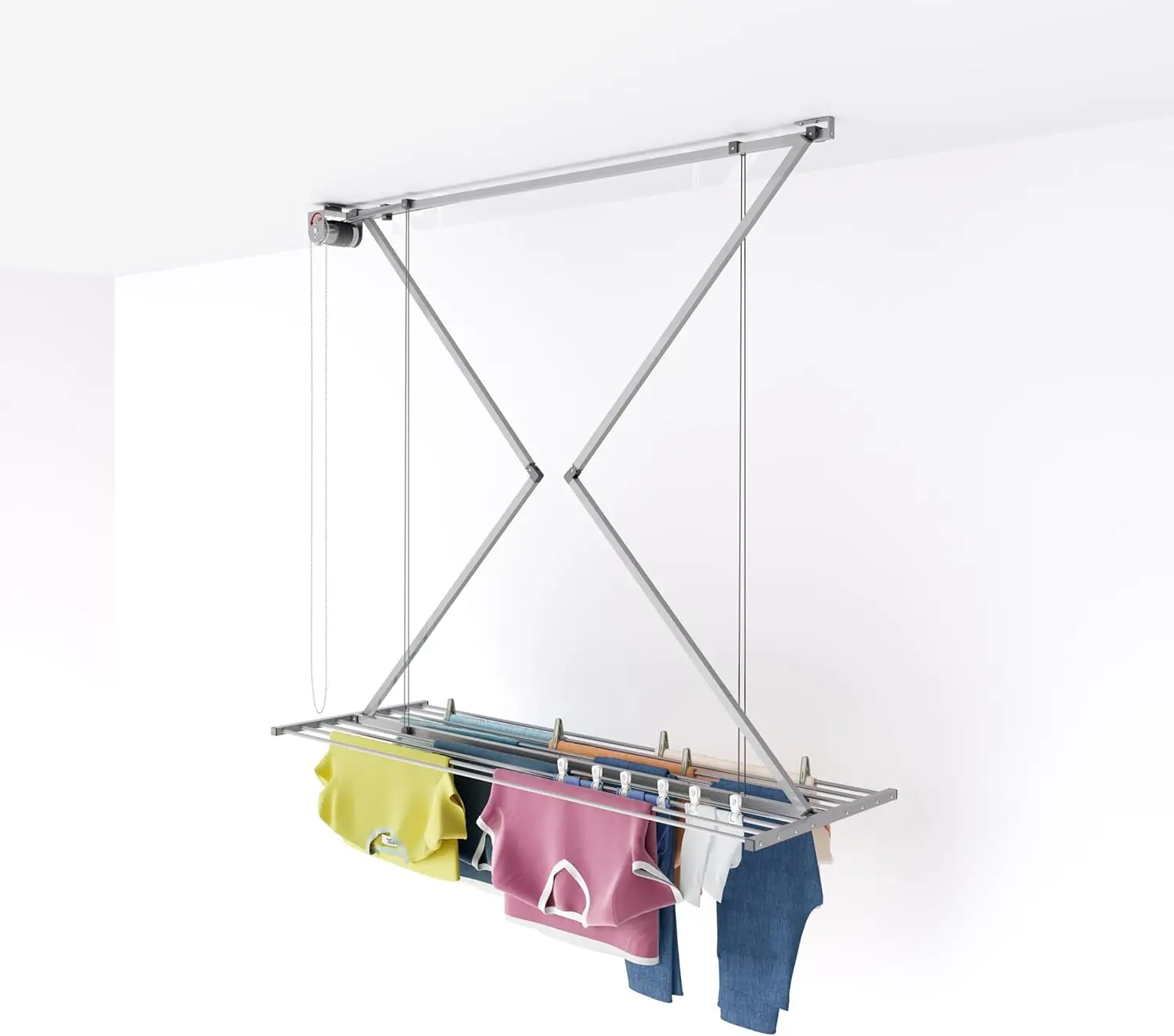 Ceiling Mounted Clothes Drying Rack, Pulley System, Folds Vertically, 21.26"D x 59.84"W x 9.84"H
Ceiling Mounted Clothes Drying Rack, Pulley System, Folds Vertically, 21.26"D x 59.84"W x 9.84"H