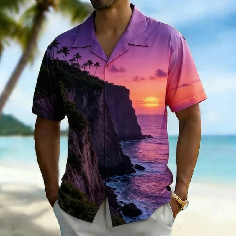 Men's natural sunset scenery printed short-sleeved lapel shirt, trendy summer style, suitable for vacation, daily life
Men's natural sunset scenery printed short-sleeved lapel shirt, trendy summer style, suitable for vacation, daily life