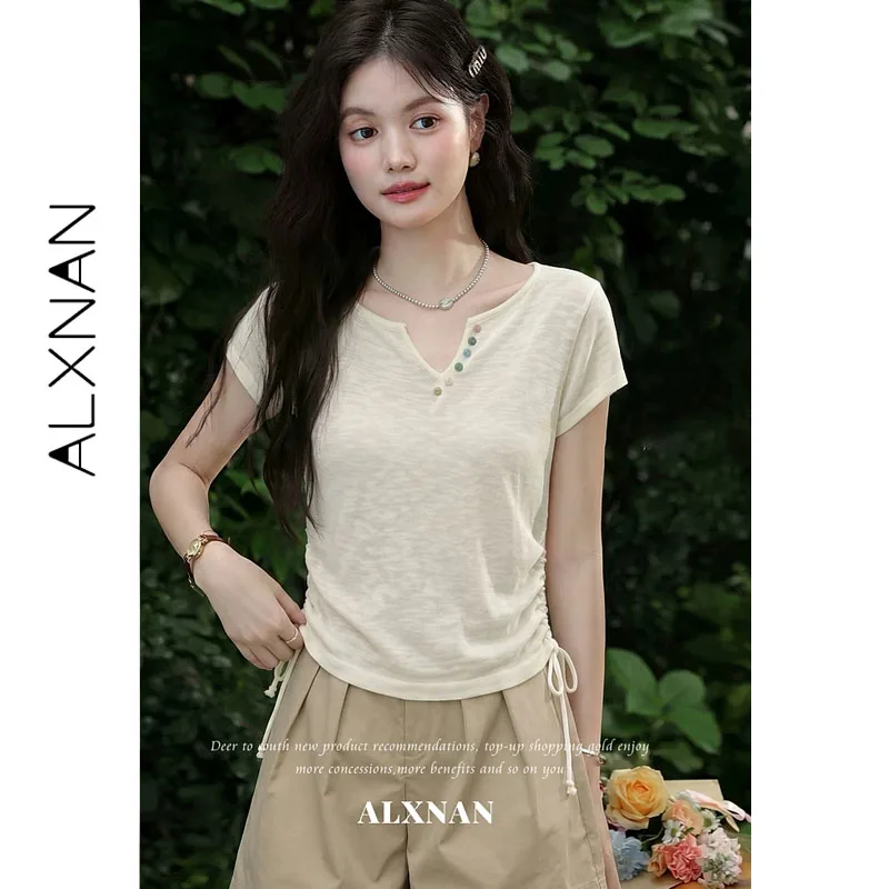 ALXNAN Women's Knitted T-shirt V-neck Color Buttons Waist Drawstring Ruched Tees Casual Summer Short Sleeve Tops Ladies L659150A
ALXNAN Women's Knitted T-shirt V-neck Color Buttons Waist Drawstring Ruched Tees Casual Summer Short Sleeve Tops Ladies L659150A