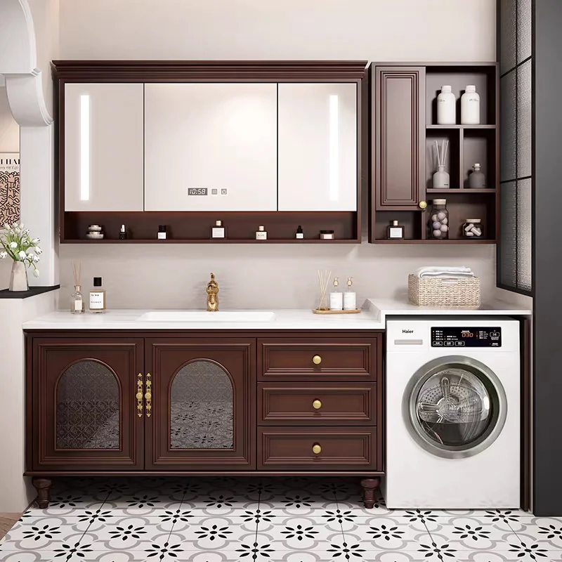Oak washing machine integrated cabinet combination, bathroom washbasin, rock slab seamless basin
Oak washing machine integrated cabinet combination, bathroom washbasin, rock slab seamless basin