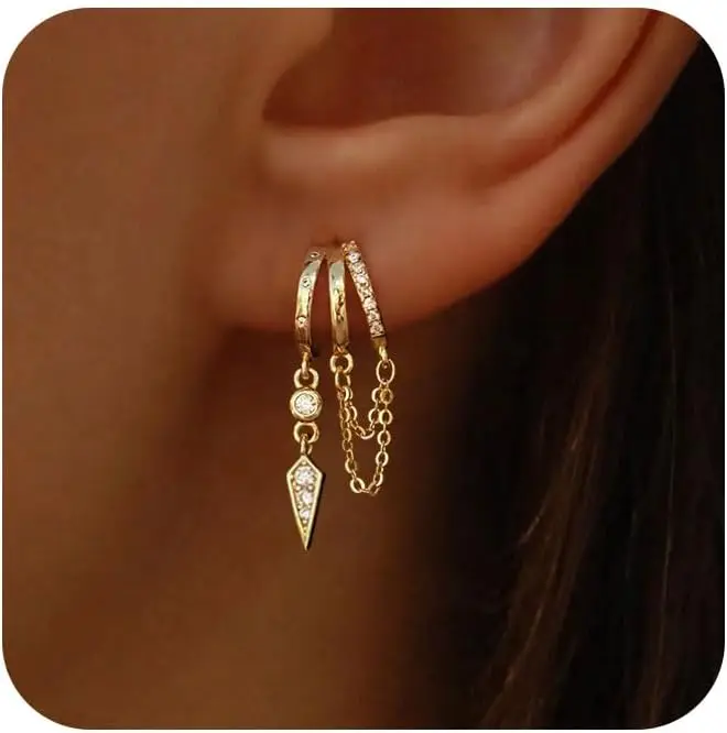 Triple Layer Huggie Dangle Earrings 14K Gold Plated Cute Chain Drop Jewelry for Women
Triple Layer Huggie Dangle Earrings 14K Gold Plated Cute Chain Drop Jewelry for Women