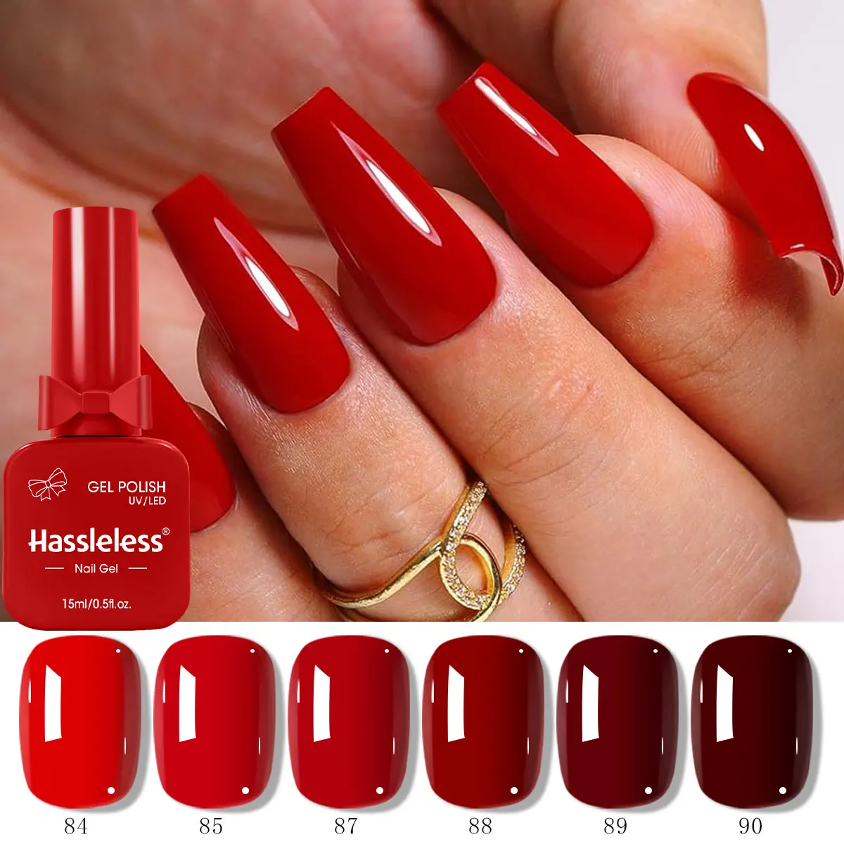 Hassleless 6-pack red gel nail polish set, 15ml each, in a bow-shaped glass bottle. Long-lasting gel nail polish, requires LED l
Hassleless 6-pack red gel nail polish set, 15ml each, in a bow-shaped glass bottle. Long-lasting gel nail polish, requires LED l
