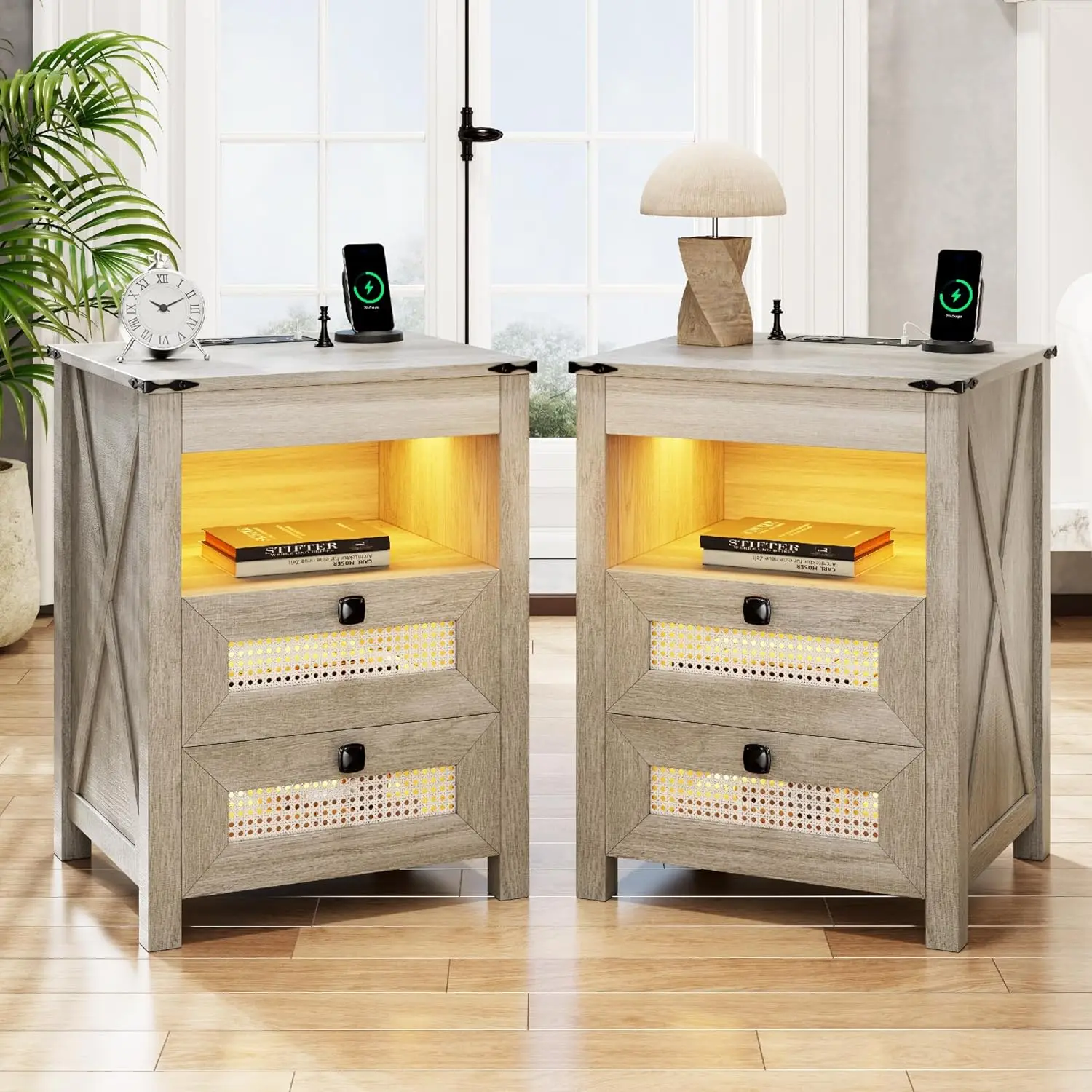 Grey 2-Piece Nightstand Set Charging Station Sensor LED Hidden Drawer Bedside End Table Bedroom Living Room, Customized
Grey 2-Piece Nightstand Set Charging Station Sensor LED Hidden Drawer Bedside End Table Bedroom Living Room, Customized