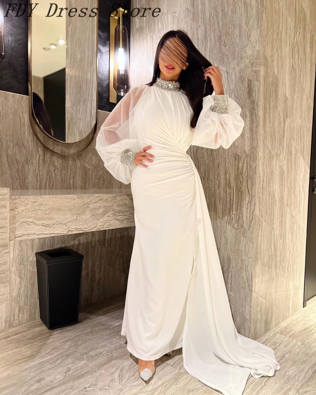 Mermaid Long Sleeves White Prom Dresses High Neck Beadings Pleated Floor Length Evening Dresses vestidos de fiesta
Mermaid Long Sleeves White Prom Dresses High Neck Beadings Pleated Floor Length Evening Dresses vestidos de fiesta