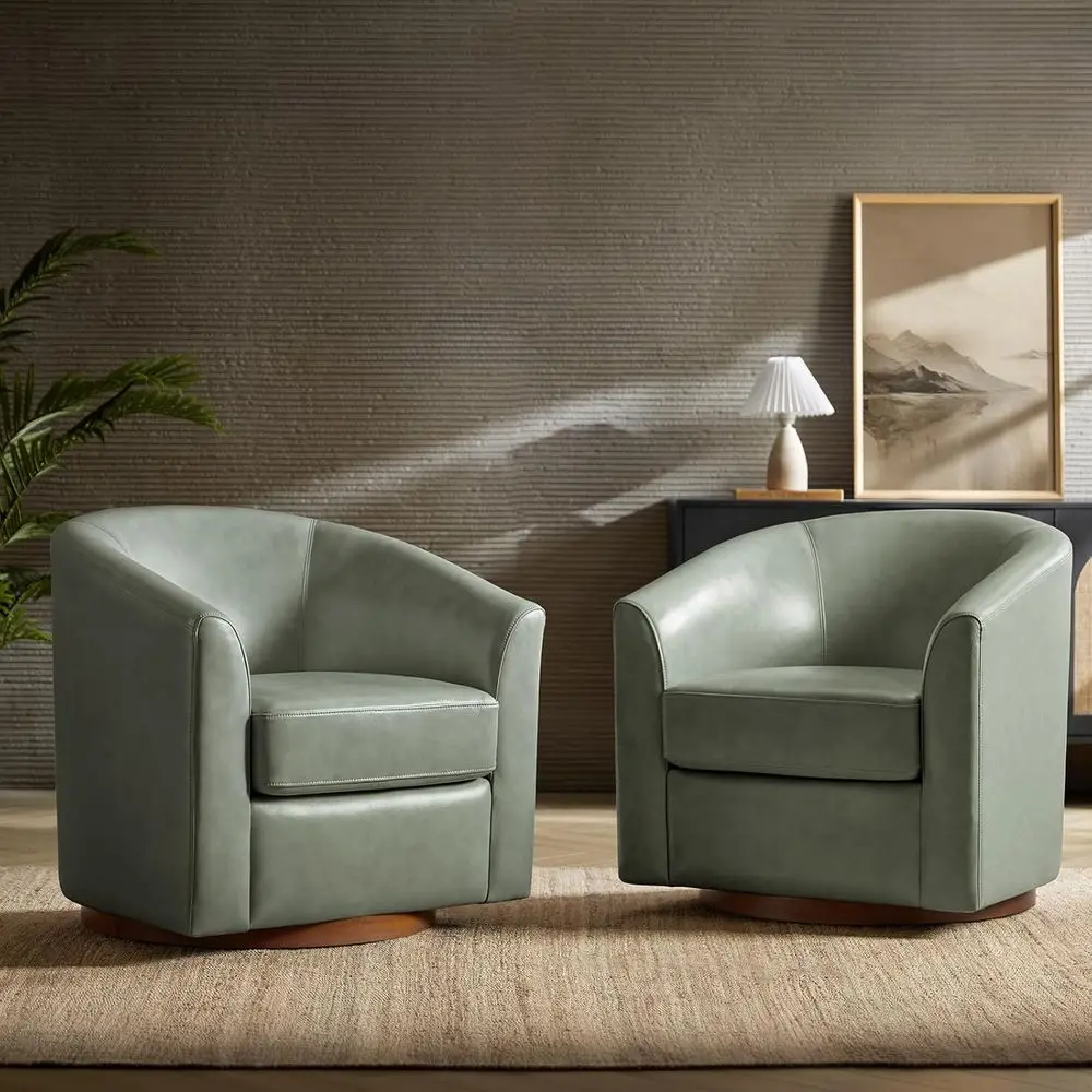 Pair of Sage Leather Swivel Barrel Chairs with Solid Wood Bases for Living Room, Ready to Use
Pair of Sage Leather Swivel Barrel Chairs with Solid Wood Bases for Living Room, Ready to Use