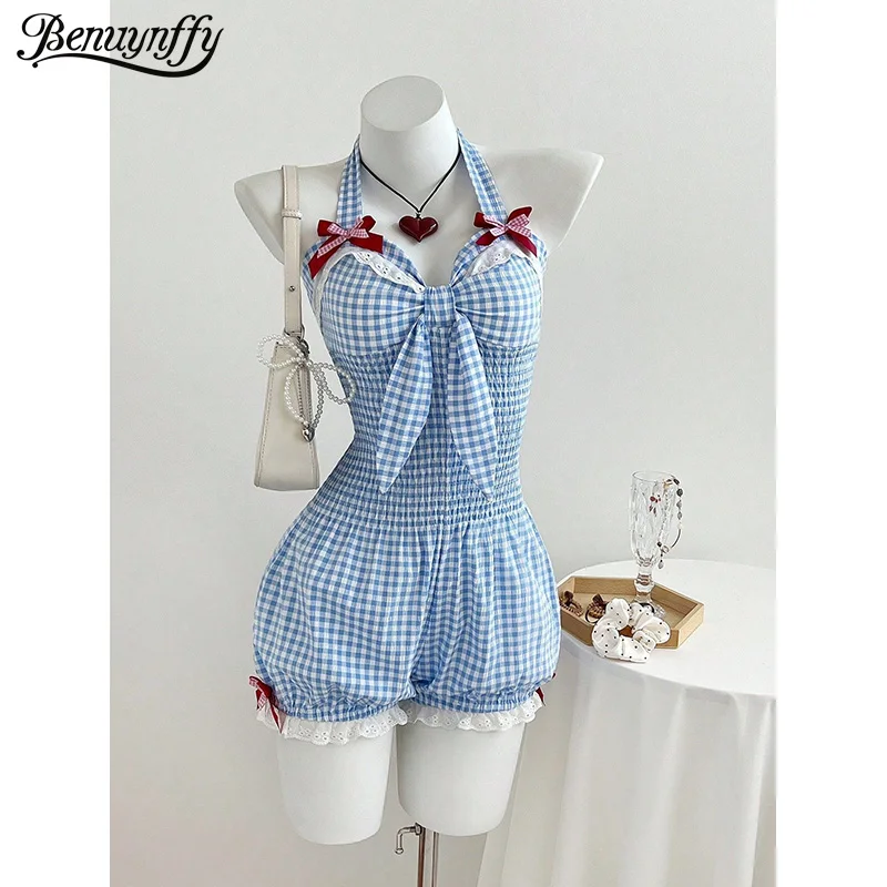 Benuynffy Sweet Bow Lace Trim Plaid Halter Jumpsuit Romper Women Summer Japanese Style Chic Backless Female Bud Playsuit Short
Benuynffy Sweet Bow Lace Trim Plaid Halter Jumpsuit Romper Women Summer Japanese Style Chic Backless Female Bud Playsuit Short