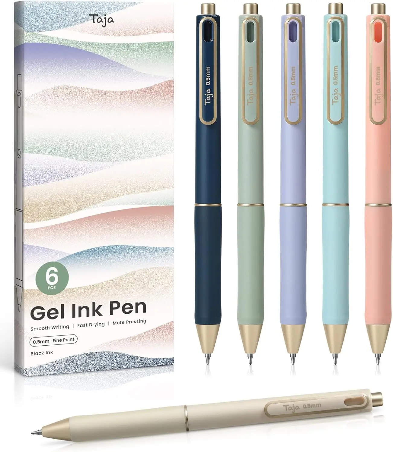 Taja Gel Pens, 6 Pack Quick Dry Black Ink, 0.5mm Fine Point for Journaling & Note Taking, Aesthetic Pastel Design
Taja Gel Pens, 6 Pack Quick Dry Black Ink, 0.5mm Fine Point for Journaling & Note Taking, Aesthetic Pastel Design