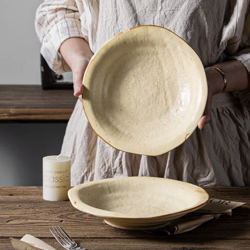 Handmade Rustic Handmade Ceramic Textured Breakfast Plate Japanese Wabi-Sabi Style Dining Plate Home Use Special Cuisine Dish...