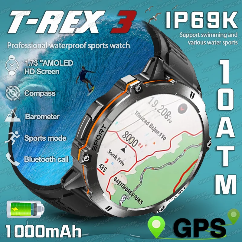 T-Rex 3 мужские спортивные умные часы для плавания, аккумулятор 1000 мАч, GPS-слежение, бег, фитнес-браслет, компас, IP69K, 10 АТМ, водонепроницаемые часы
T-Rex 3 мужские спортивные умные часы для плавания, аккумулятор 1000 мАч, GPS-слежение, бег, фитнес-браслет, компас, IP69K, 10 АТМ, водонепроницаемые часы