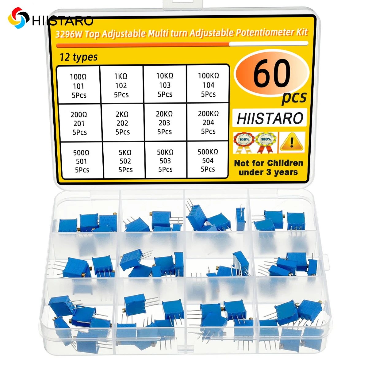 60 шт., 12 значений, переменный резистор от 100 до 500 кОм, 3296 Вт, многооборотный триммер, потенциометр, комбинированный комплект
60 шт., 12 значений, переменный резистор от 100 до 500 кОм, 3296 Вт, многооборотный триммер, потенциометр, комбинированный комплект