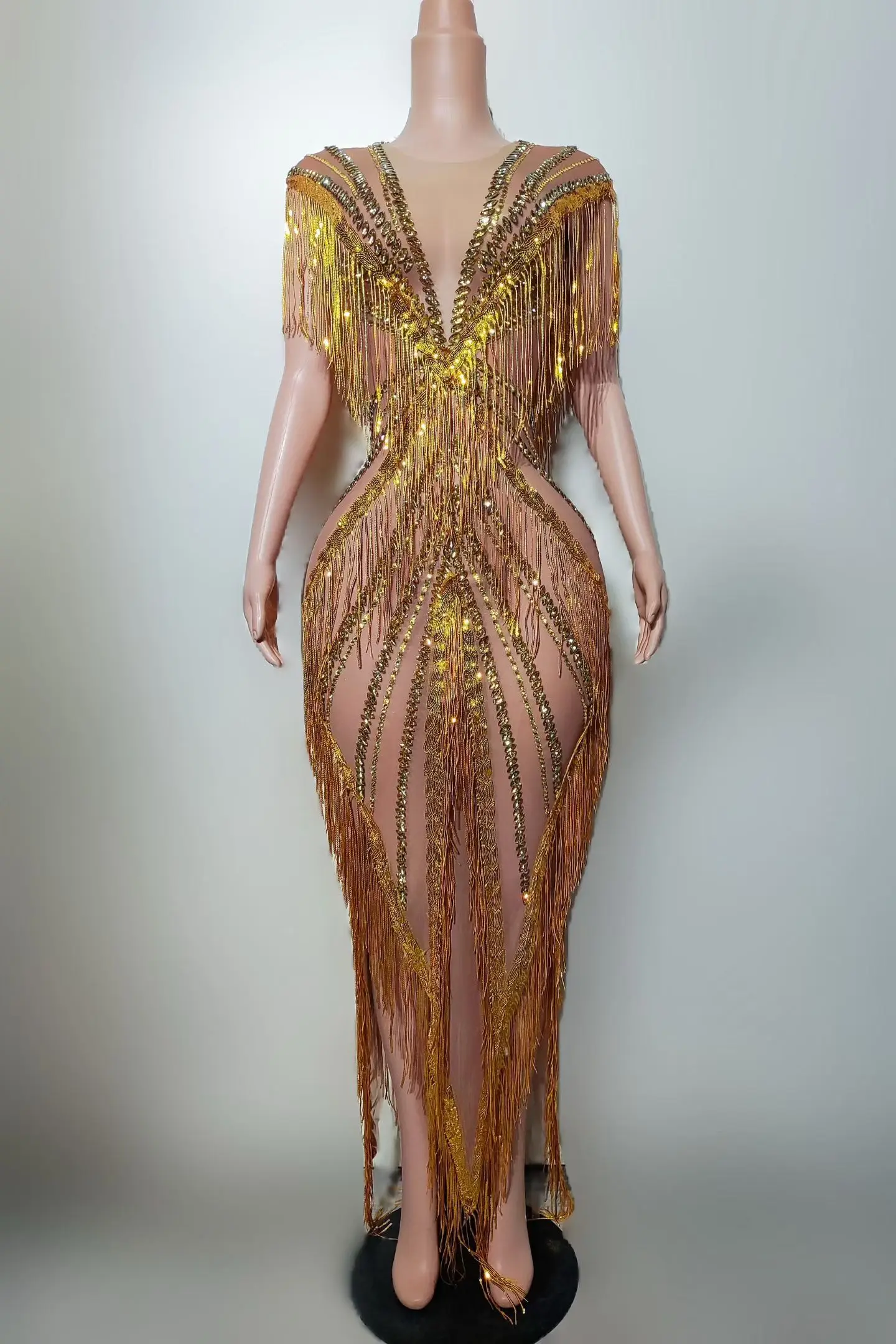 Shexian Gold Fringe Rhinestone Embellished Sheer Mesh Mermaid Gown for Drag Queen Stage Performances and Nightclub Events
Shexian Gold Fringe Rhinestone Embellished Sheer Mesh Mermaid Gown for Drag Queen Stage Performances and Nightclub Events