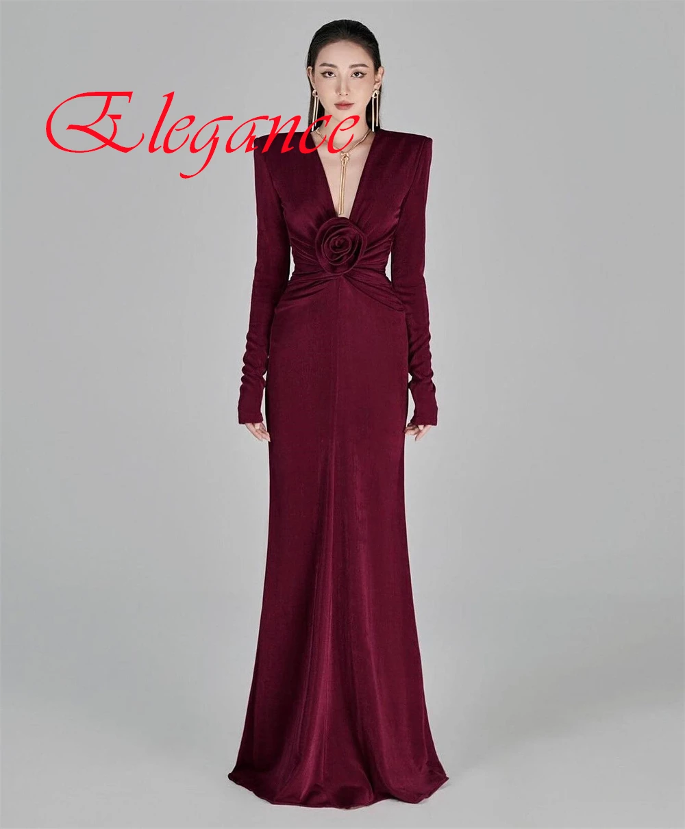 Customized Formal Burgundy Velour Evening Dress Classic Deep V-Neck Long Sleeves Zipper Back Flowers Mermaid Homecoming Dress
Customized Formal Burgundy Velour Evening Dress Classic Deep V-Neck Long Sleeves Zipper Back Flowers Mermaid Homecoming Dress