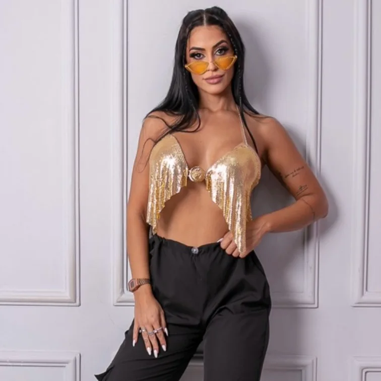 2025 Woman Clothing Top Metallic Sequins Top Nightclub Sexy Suspenders Music Festival Wear Women's Hanging Neck Vest Female
2025 Woman Clothing Top Metallic Sequins Top Nightclub Sexy Suspenders Music Festival Wear Women's Hanging Neck Vest Female
