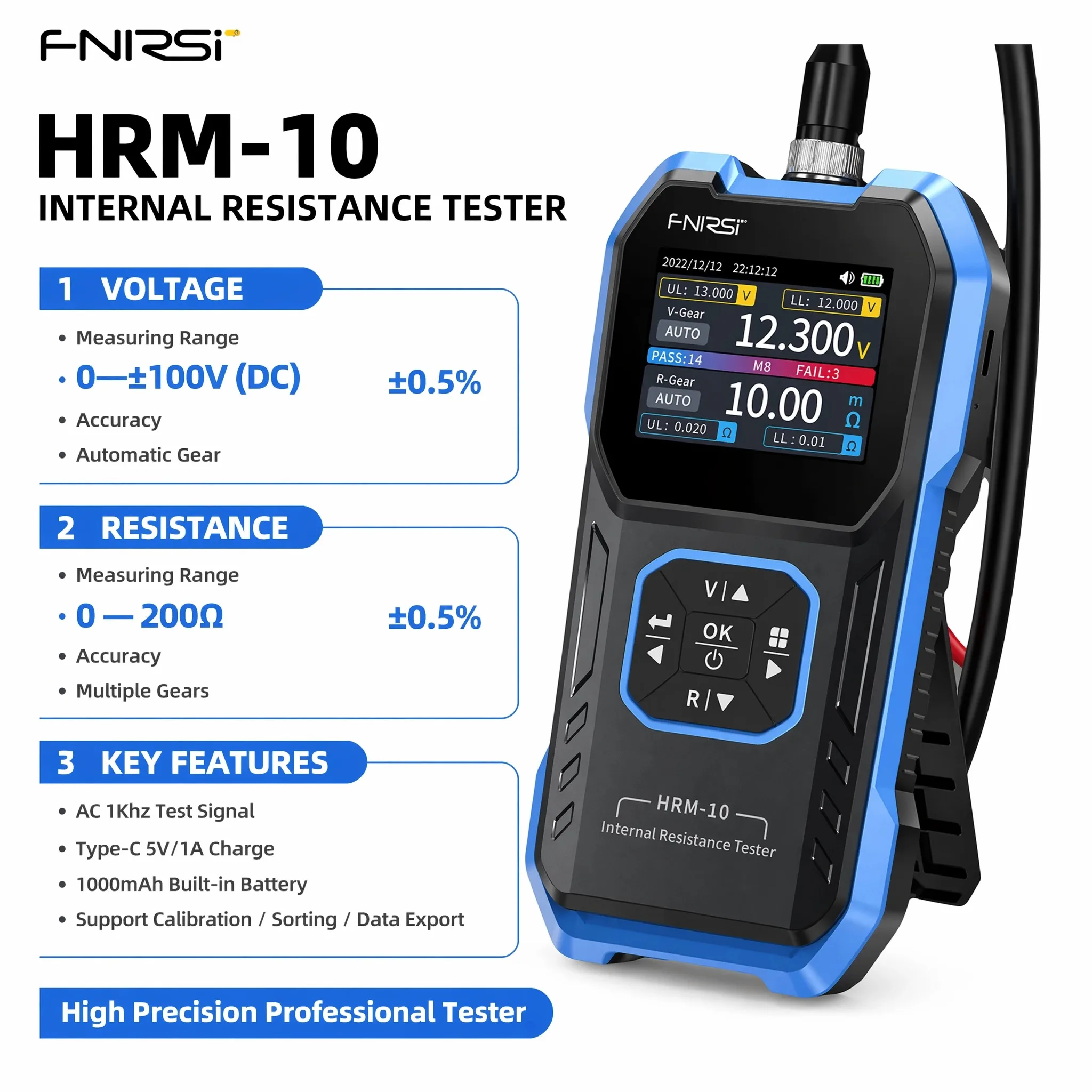 High Precision Battery Internal Resistance Tester True 4-Wire 0-100V DC 0-200Ω ±0.5% 1kHz Analyzer for Battery Tester
High Precision Battery Internal Resistance Tester True 4-Wire 0-100V DC 0-200Ω ±0.5% 1kHz Analyzer for Battery Tester