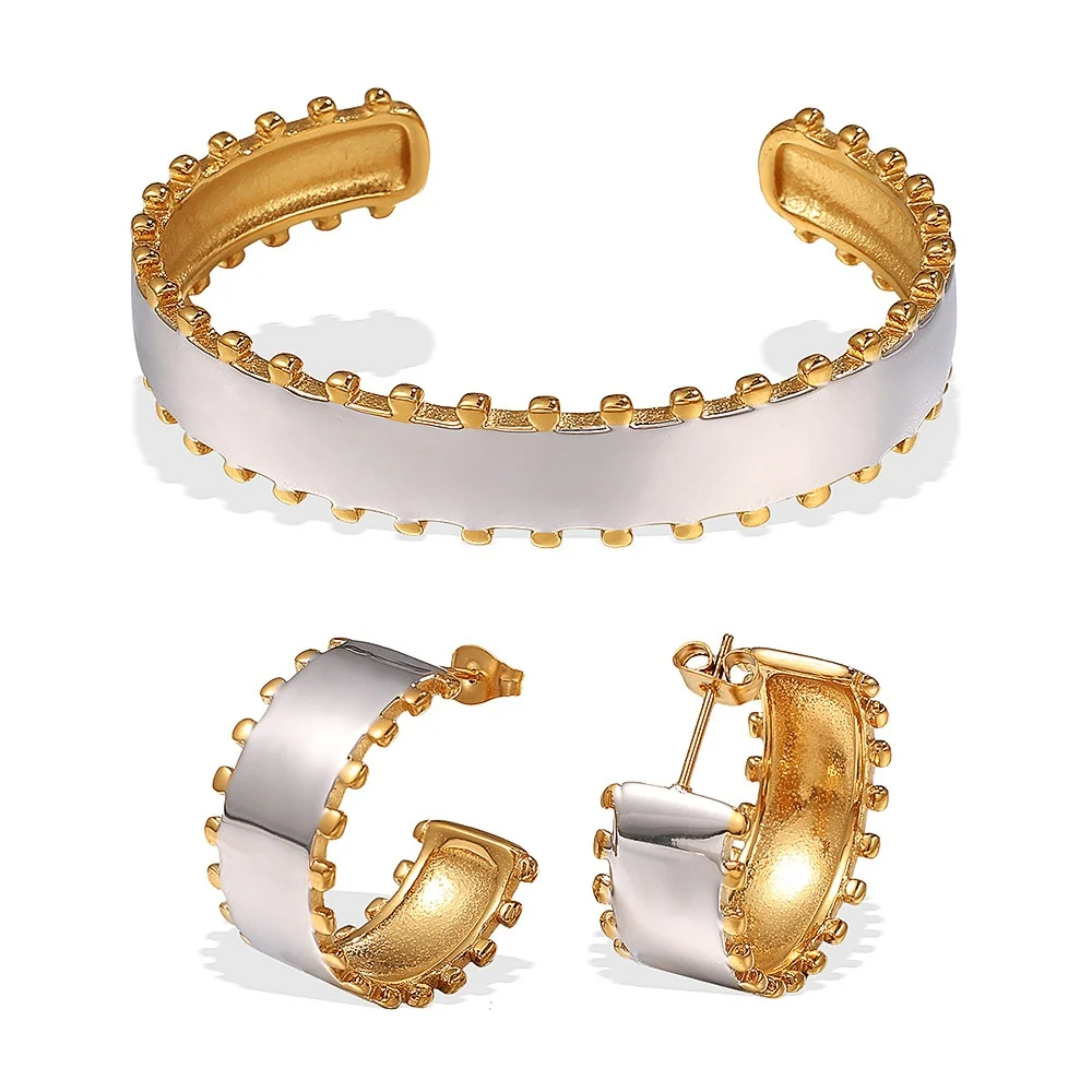 Anti-rust Chic Stainless Steel Two-tones Hoop Circle Earring Bracelet Set Metallic Gold Silver High Polish Steel Women Jewelry
Anti-rust Chic Stainless Steel Two-tones Hoop Circle Earring Bracelet Set Metallic Gold Silver High Polish Steel Women Jewelry