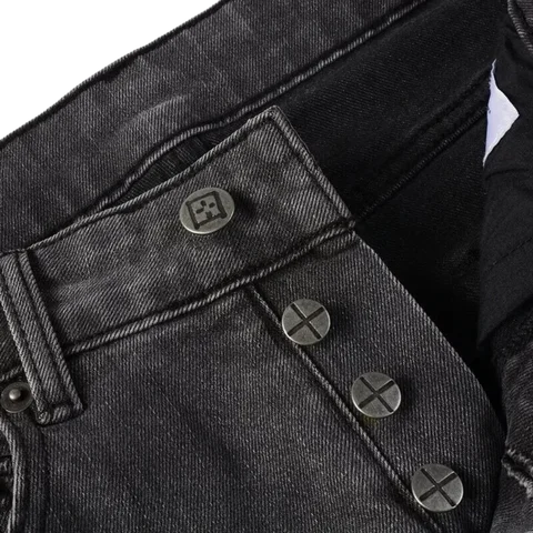 High-quality smoky grey ripped jeans with patchwork embroidery and washed craftsmanship, featuring a fashionable high street sty