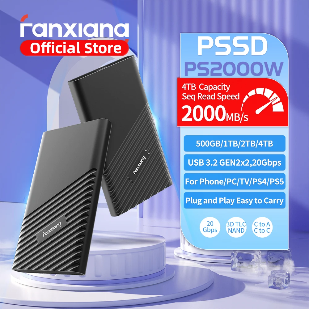 Портативный твердотельный накопитель Fanxiang PS2000W, 20 Гбит/с, 2000 МБ/с, 1 ТБ, 2 ТБ, 4 ТБ, USB3.2Gen2x2, внешний твердотельный накопитель PSSD для PS5/4, ноутбука, настольного компьютера
Портативный твердотельный накопитель Fanxiang PS2000W, 20 Гбит/с, 2000 МБ/с, 1 ТБ, 2 ТБ, 4 ТБ, USB3.2Gen2x2, внешний твердотельный накопитель PSSD для PS5/4, ноутбука, настольного компьютера
