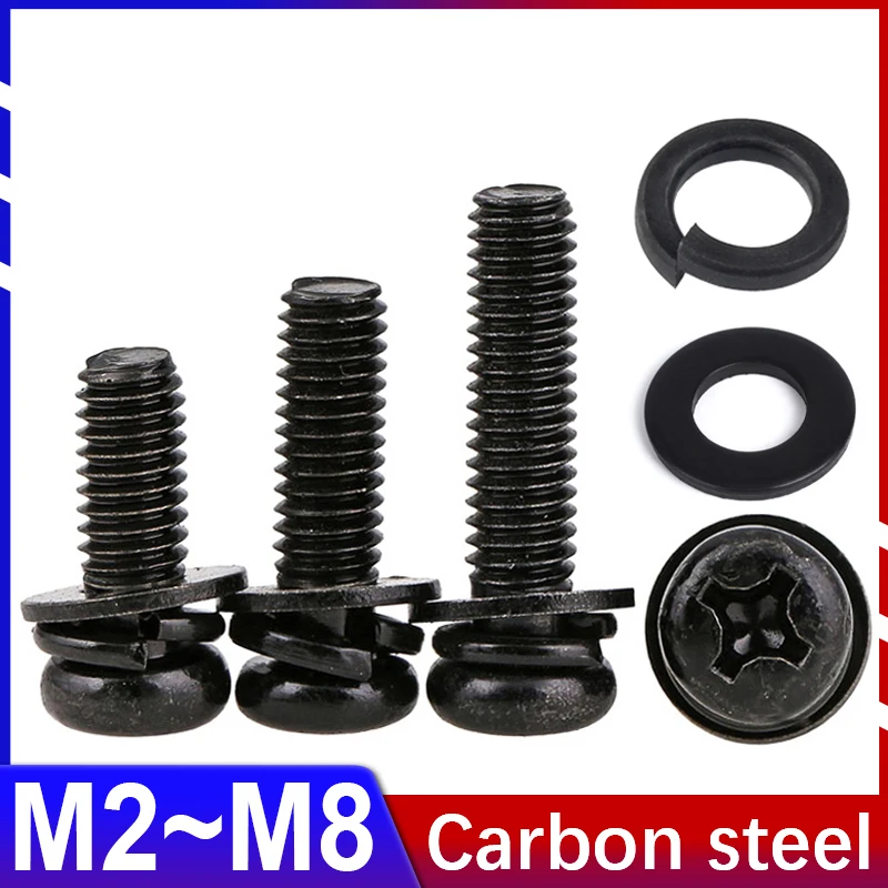 3IN1 Black Zinc Plated Cross Round Head Screws with Flat Washers Spring Washers Pan Head Screws Triple Combination M2M3M4M5 M6M8
3IN1 Black Zinc Plated Cross Round Head Screws with Flat Washers Spring Washers Pan Head Screws Triple Combination M2M3M4M5 M6M8