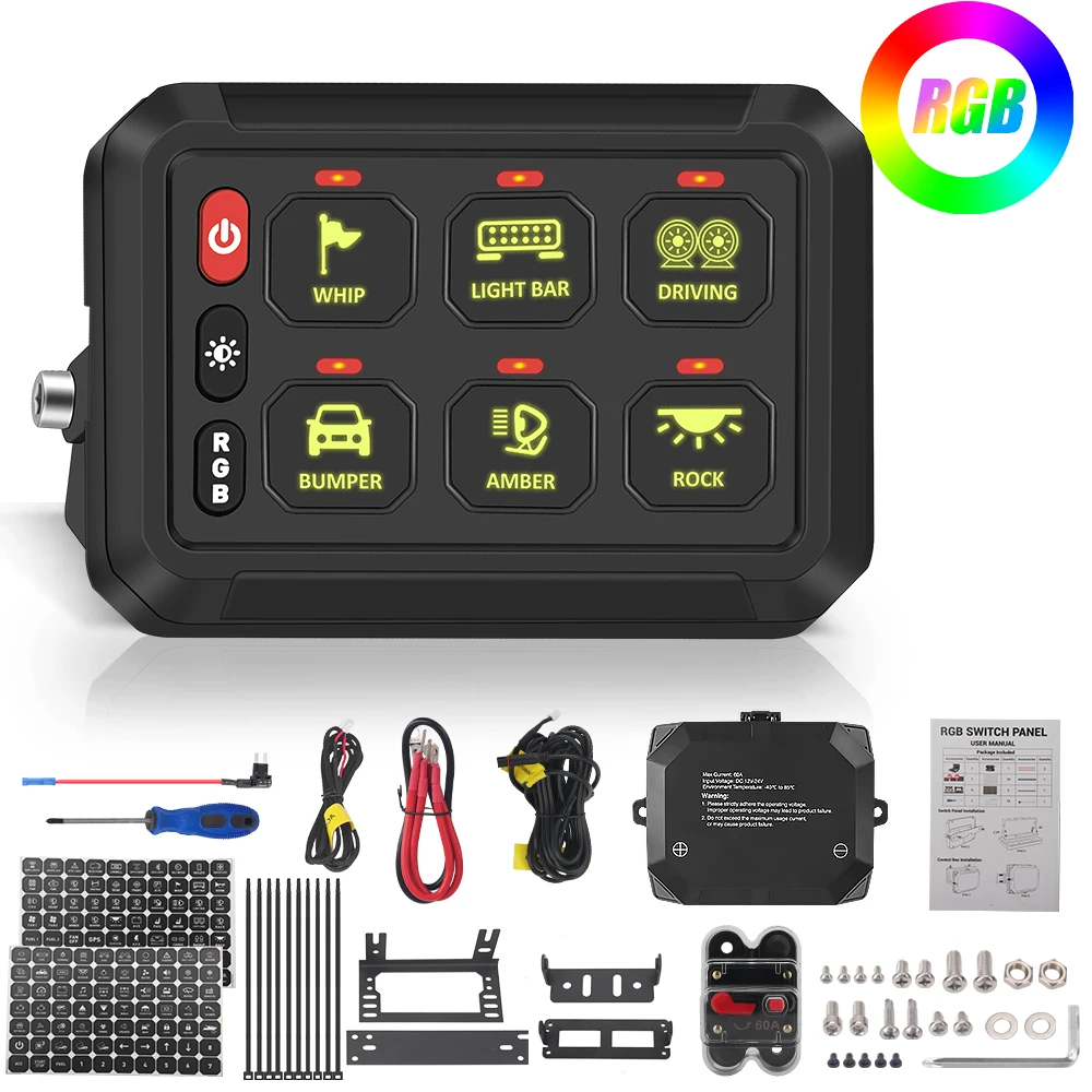RGB 6 Gang Switch Panel Multifunction Toggle Momentary Strobe Pulsed Switches Control Box for Car Pickup Truck Camper SUV ATV
RGB 6 Gang Switch Panel Multifunction Toggle Momentary Strobe Pulsed Switches Control Box for Car Pickup Truck Camper SUV ATV