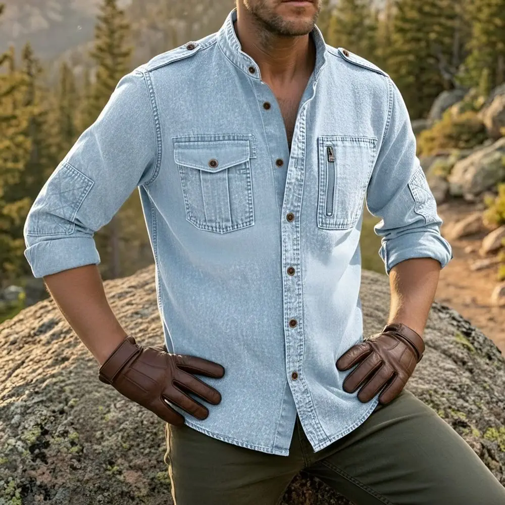 Spring Autumn Men's Solid Color Washed Denim Shirt Jacket Stand Collar Long Sleeve Casual Workwear with Multiple Pockets Blouse
Spring Autumn Men's Solid Color Washed Denim Shirt Jacket Stand Collar Long Sleeve Casual Workwear with Multiple Pockets Blouse